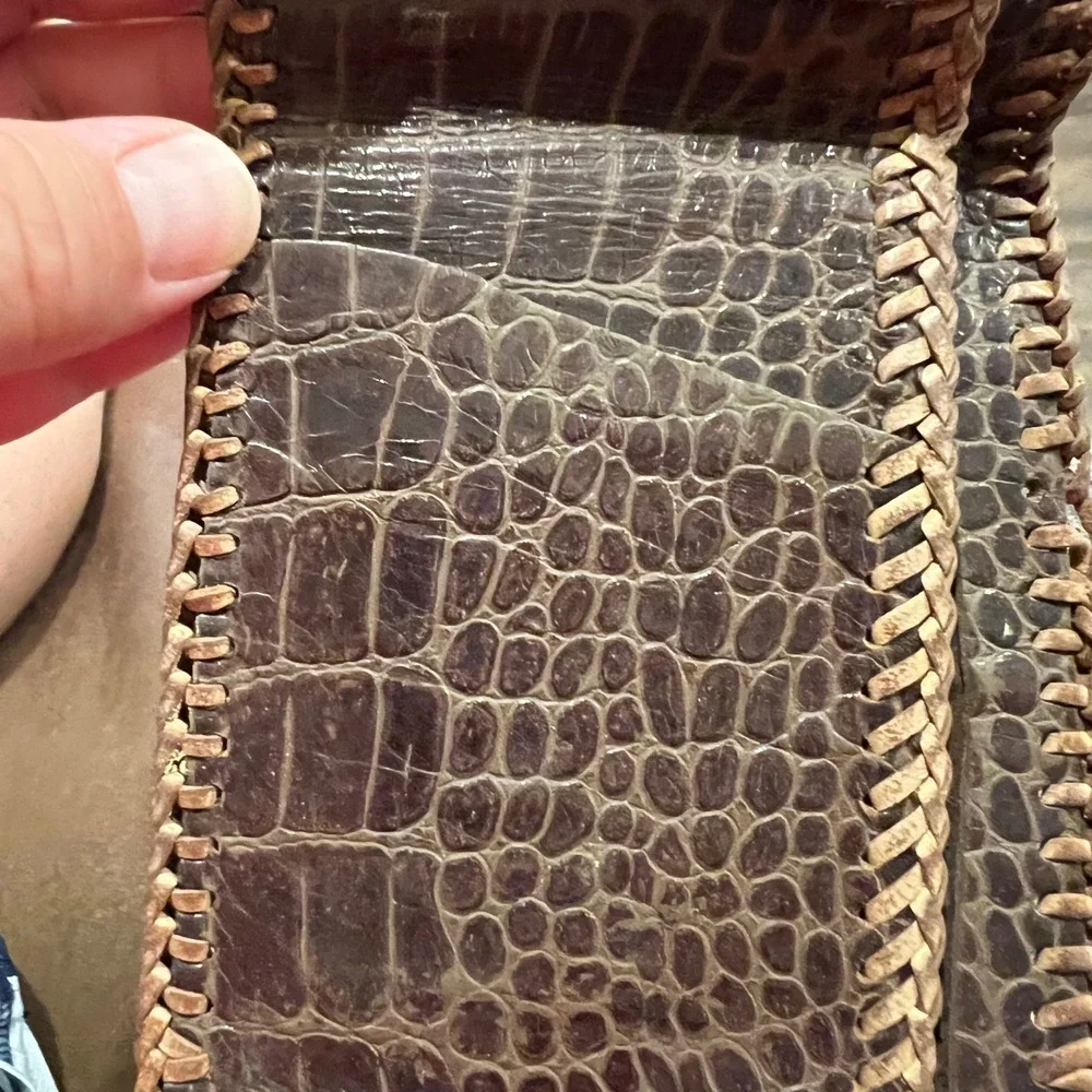 Vintage Alligator Crocodile Leather Bifold Wallet Brown Whipstitch Western Mens